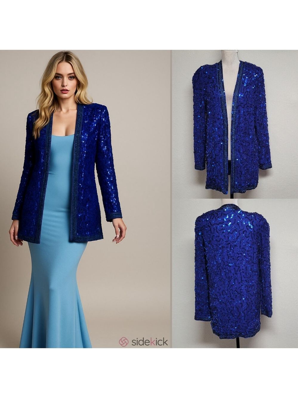 80s Vintage Styleworks Silk Blue Swirly Sequin Pattern Open Front Cardigan 4